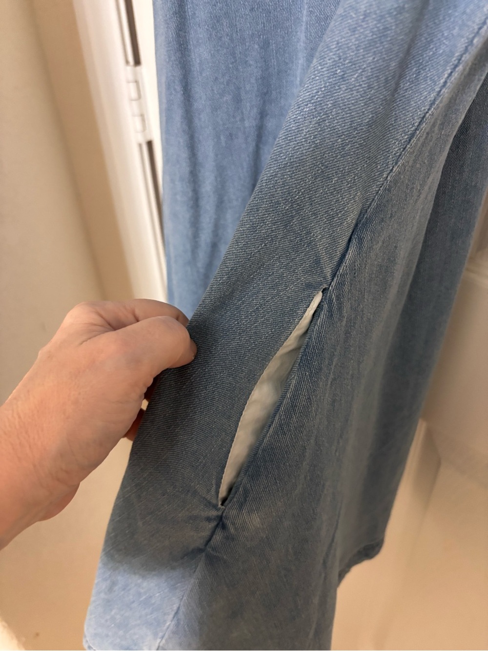 Sleeveless Light Wash Denim Dress with Back Cutout and side pockets - Picture 4 of 7